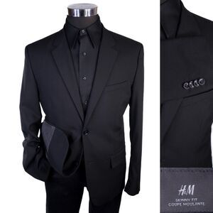 H&M Mens Blazer Jacket Size 42R Skinny Fit Black Sport Coat Two Button Poly